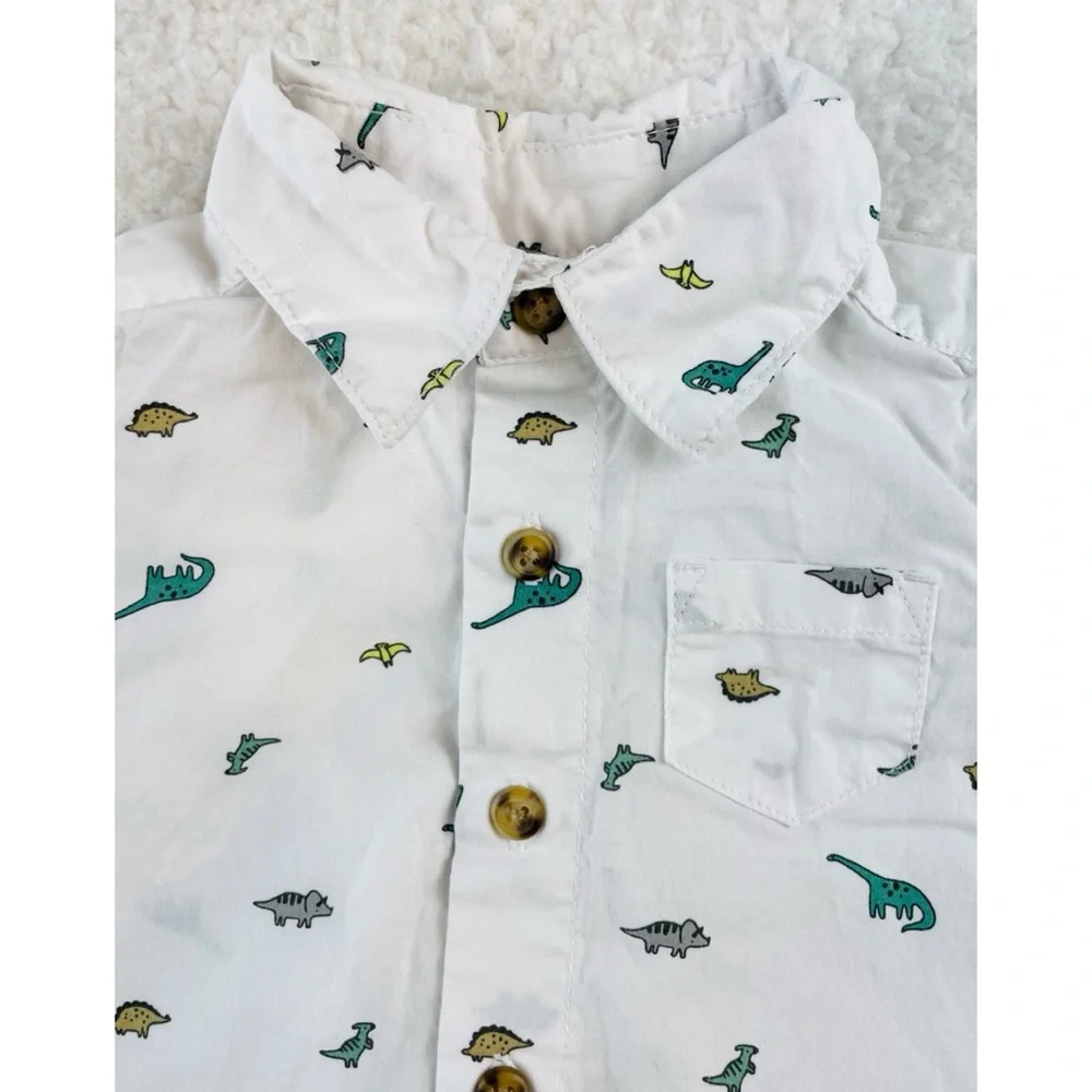 CARTER’S • White/Multi Dinosaur Print Button-Down Short Sleeve Shirt, 3M
